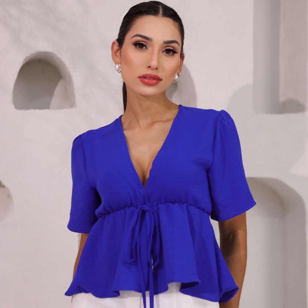 Blusa Feminina com Babado Manga 3/4 Decote V Amarração na Cintura Moda Casual Elegante em Oferta na Shopee