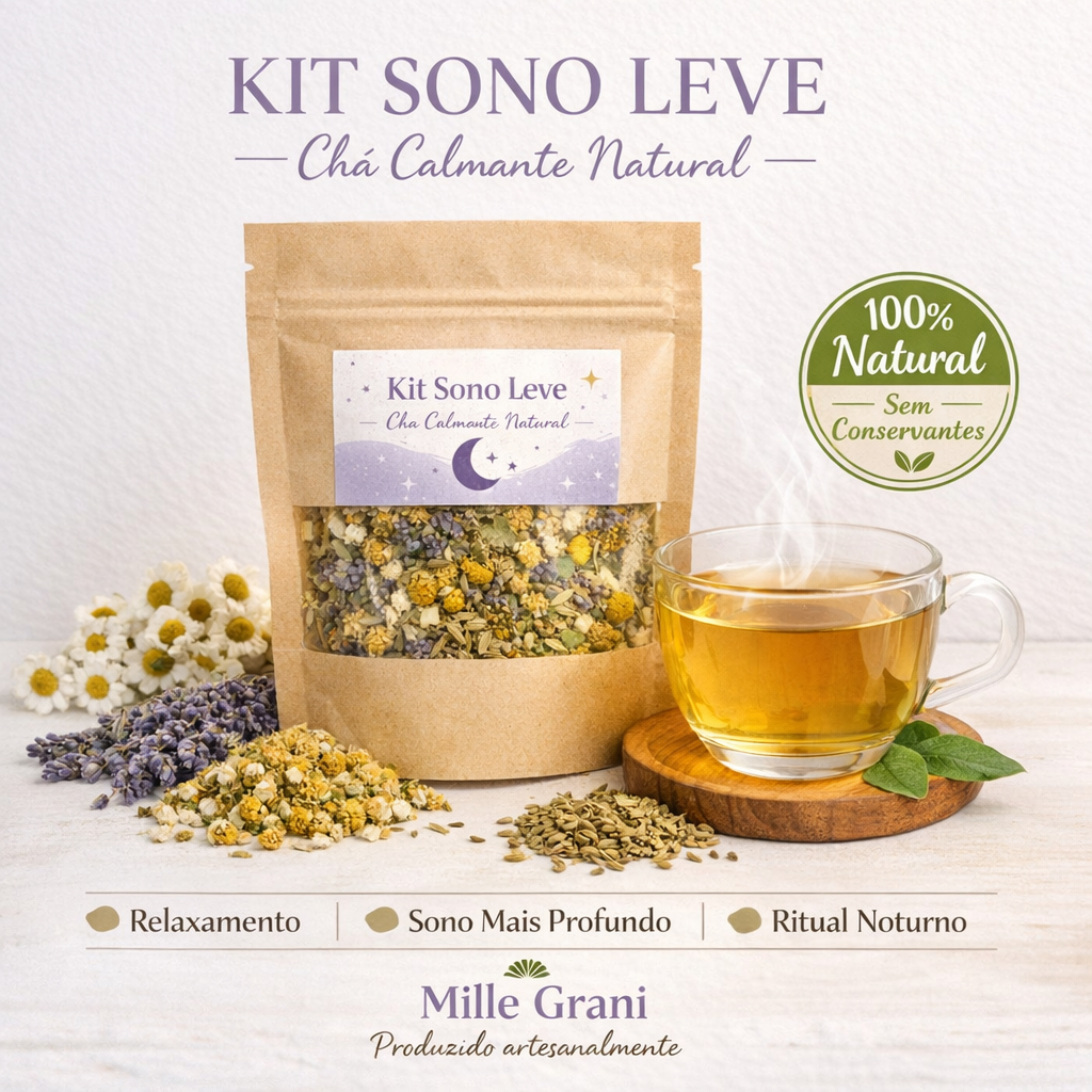 Imagem Chá Calmante para Dormir Kit Sono Leve Doce Conforto Camomila Erva Doce Lavanda 80g