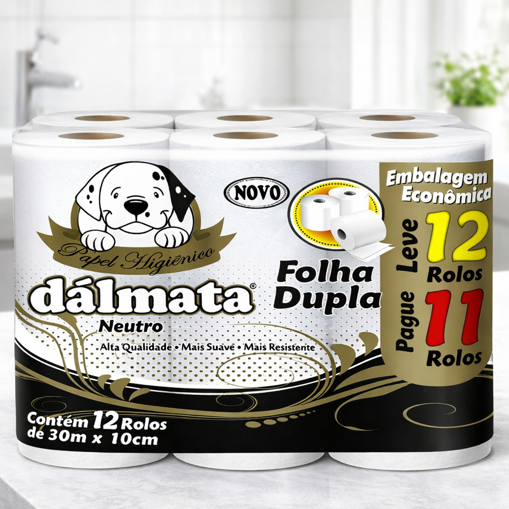 Papel Higiênico Dálmata Neutro Folha Dupla 12 Rolos 30m