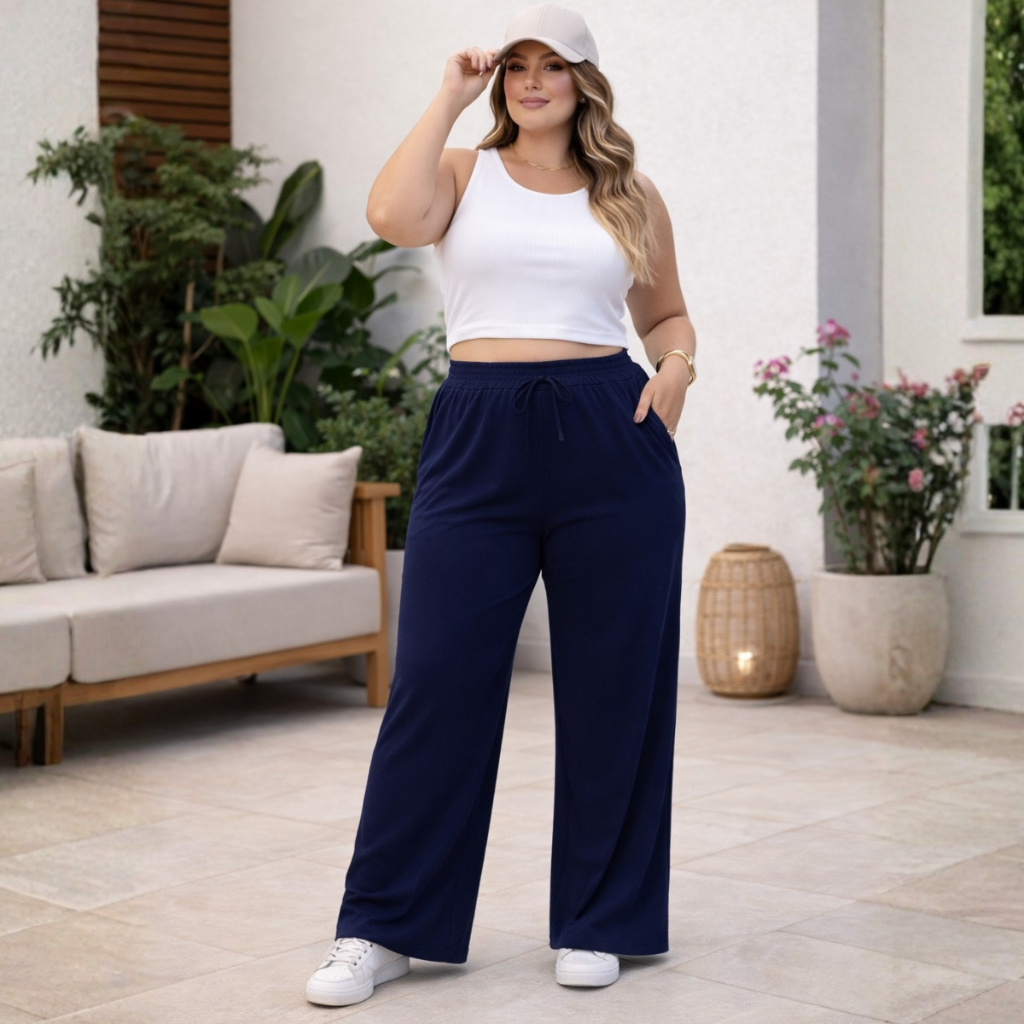 Calça Pantalona Feminina Plus Size Algodão com Bolso em Oferta na Shopee