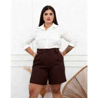 Short Feminino Plus Size Alfaiataria – Cintura Alta com Zíper, Elástico e BolsosGG G1 G2 G3 em Oferta na Shopee