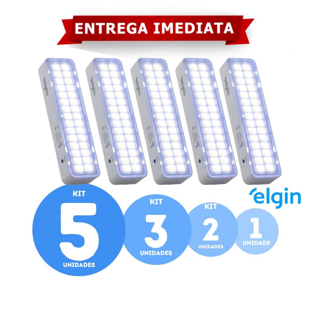 Kit Luminária de Emergência 5 3 2 1 Unidades Elgin Led Lampada Recarregável Bivolt