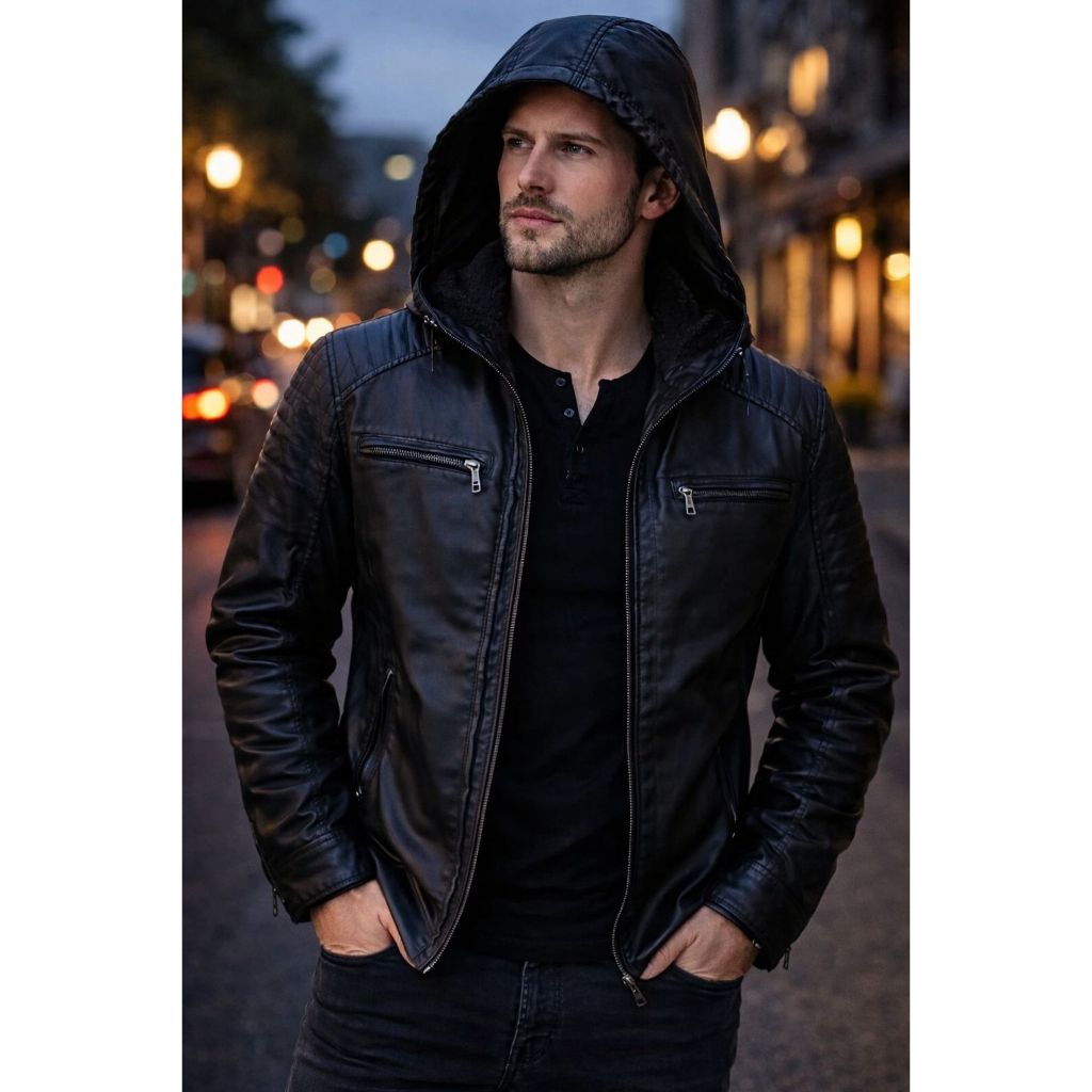 Jaqueta Couro Masculina Slim Forrada Com Capuz Removivel
