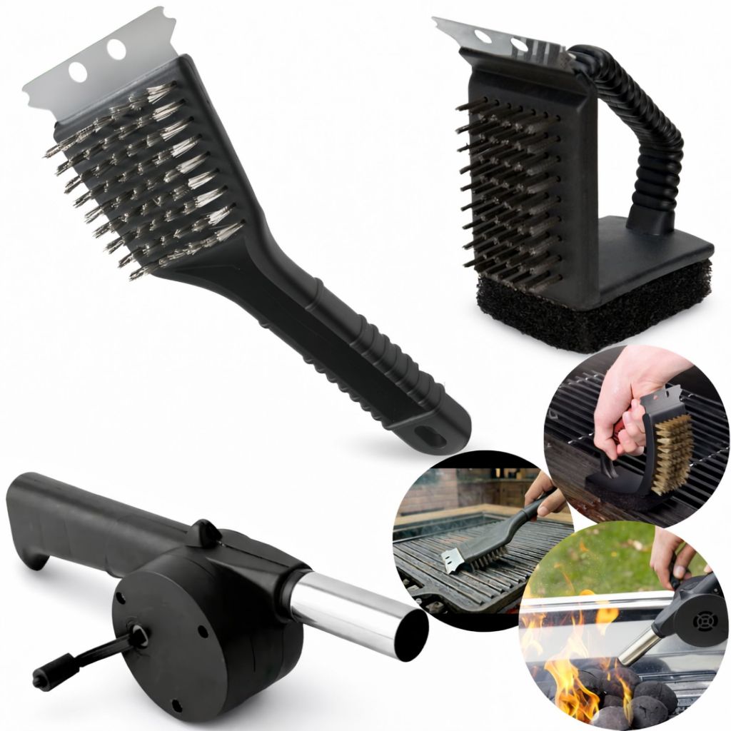 Kit Premium para Churrasco – Limpa Grelha 3 em 1 + Escova de Aço + Soprador de Fogo em Oferta na Shopee