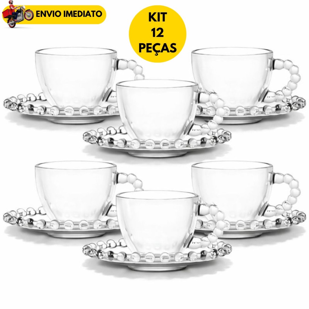 Jogo de Xícaras de Vidro 220ml com Pires Pérola 6 ou 12 Peças Café Chá Elegante Transparente Bolinha