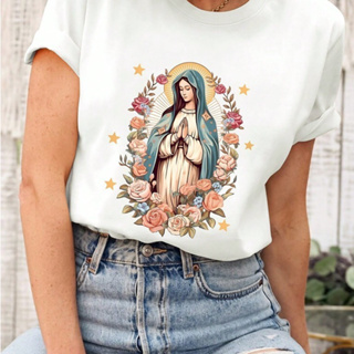Camiseta Feminina Para O Dia a Dia Estampada Virgem Maria em Oferta na Shopee
