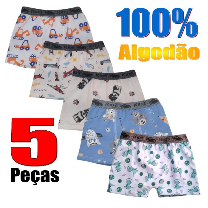 Cueca Boxer Infantil Masculina 100% Algodão | Kit 5 Peças | Estampadas | Super Confortável