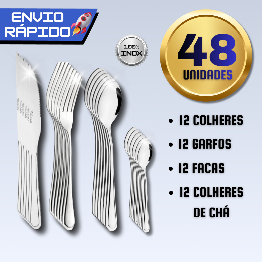 Jogo de Talheres Inox, Faqueiro Inox, Jogo Talheres 18/24/36/48 Peças, Grandes e Resistente