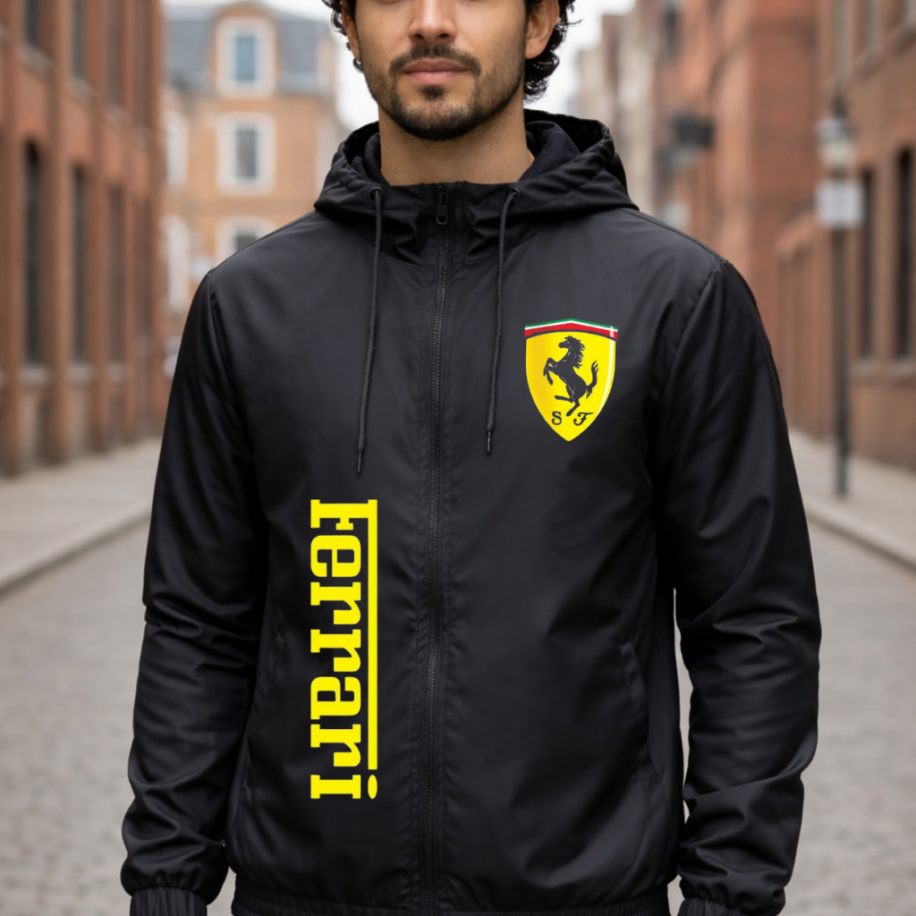 Corta Vento Masculino Impermeável Leve com Capuz Tecido Premium Bolso Interno Estampado Ferrari