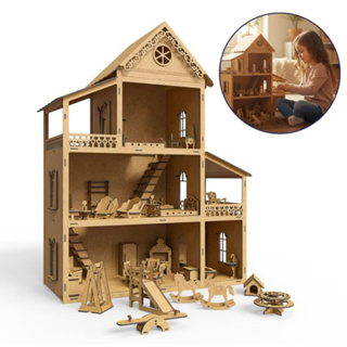Casa De Bonecas Mdf Cru+ Kit 36 Móveis Desmontado Decoração Brinquedo Decorativo em Oferta na Shopee