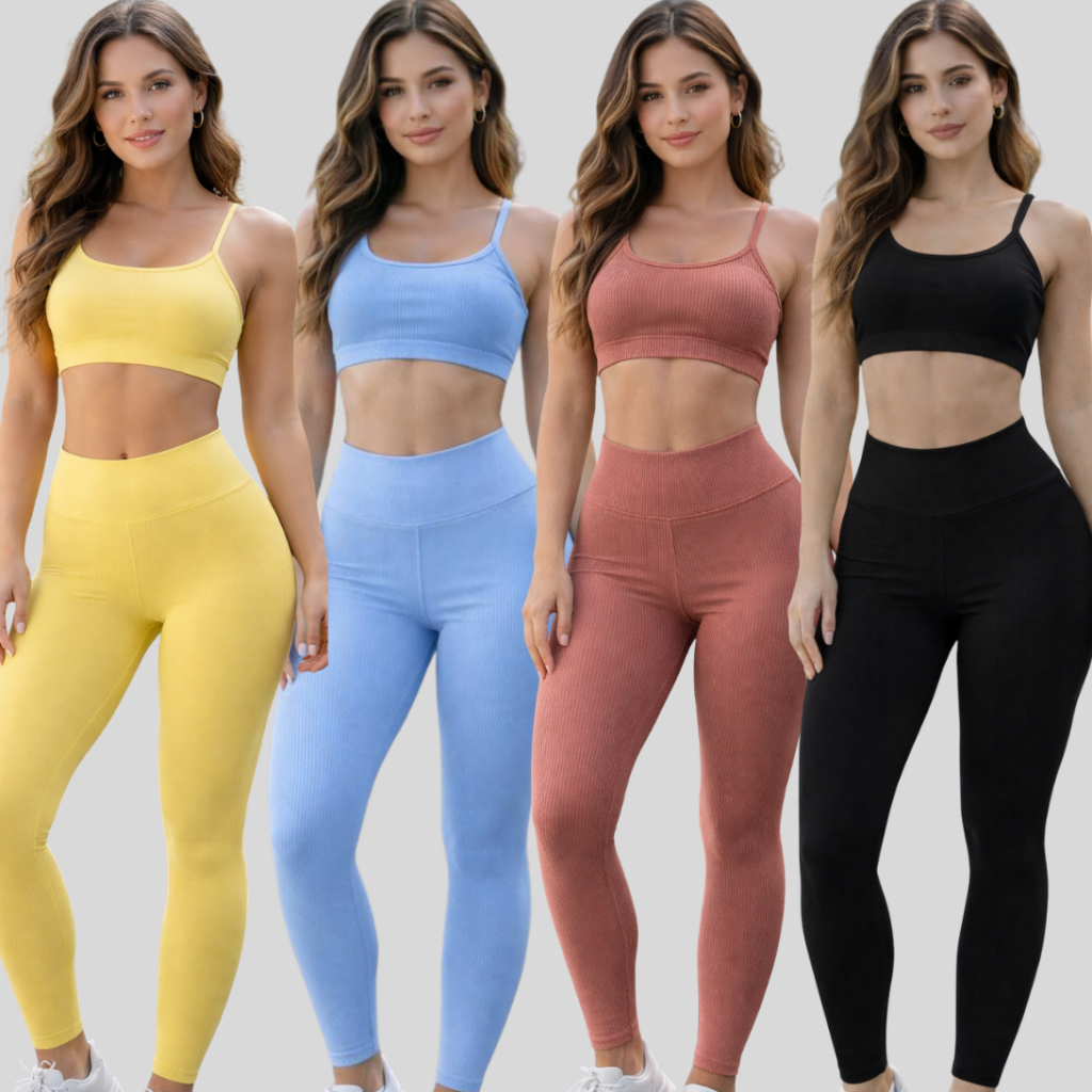 Conjunto Fitness Slim Calça Legging e Top  Canelado Zero Transparência Blackout Academia C...