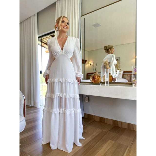 Vestido Longo Off White Feminino Elegante | Casamento Civil, Noivado, Pré Wedding, Batizado Vestido Longo Off White Feminino Elegante | Casamento Civil, Noivado, Pré Wedding, Batizado