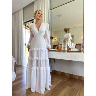 Vestido Longo Off White Feminino Elegante | Casamento Civil, Noivado, Pré Wedding, Batizado em Oferta na Shopee
