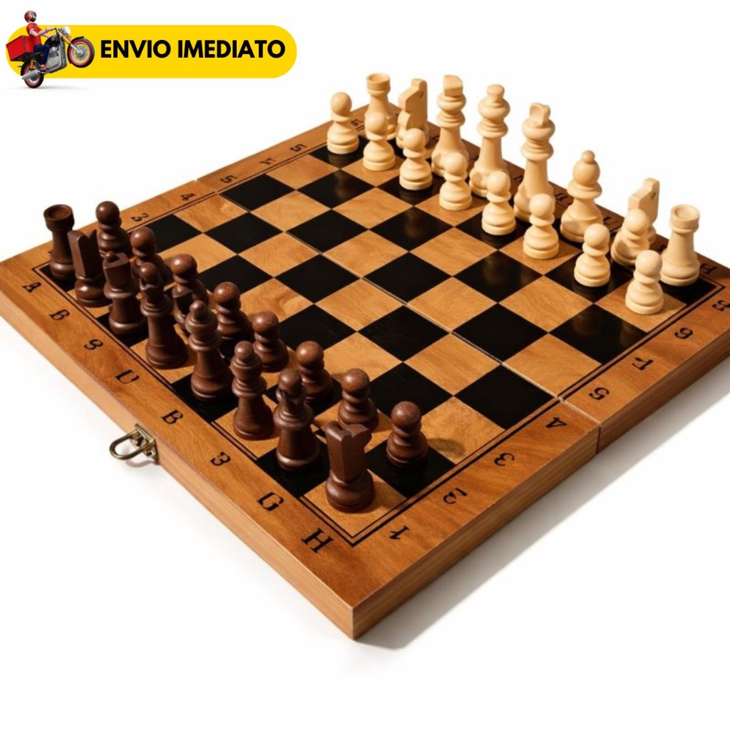 Jogo de Xadrez Dama Gamão em Madeira Dobrável Profissional Portátil com Peças Clássicas Tabuleiro 29cm Dama