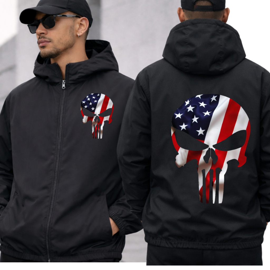 Corta Vento Masculino Impermeável Leve com Capuz Tecido Premium Bolso Interno Punisher O Justiceiro