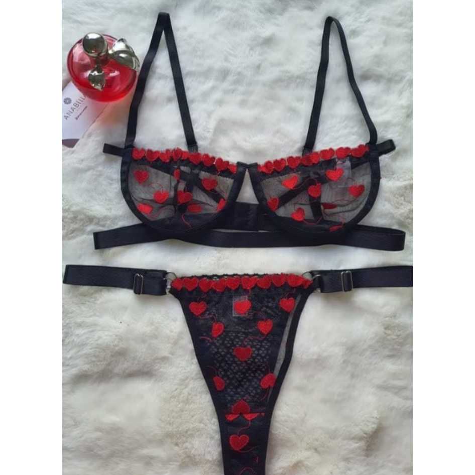 Conjunto Lingerie Gringa sutiã com aro e calcinha moda intima tule bordado coração vermelho