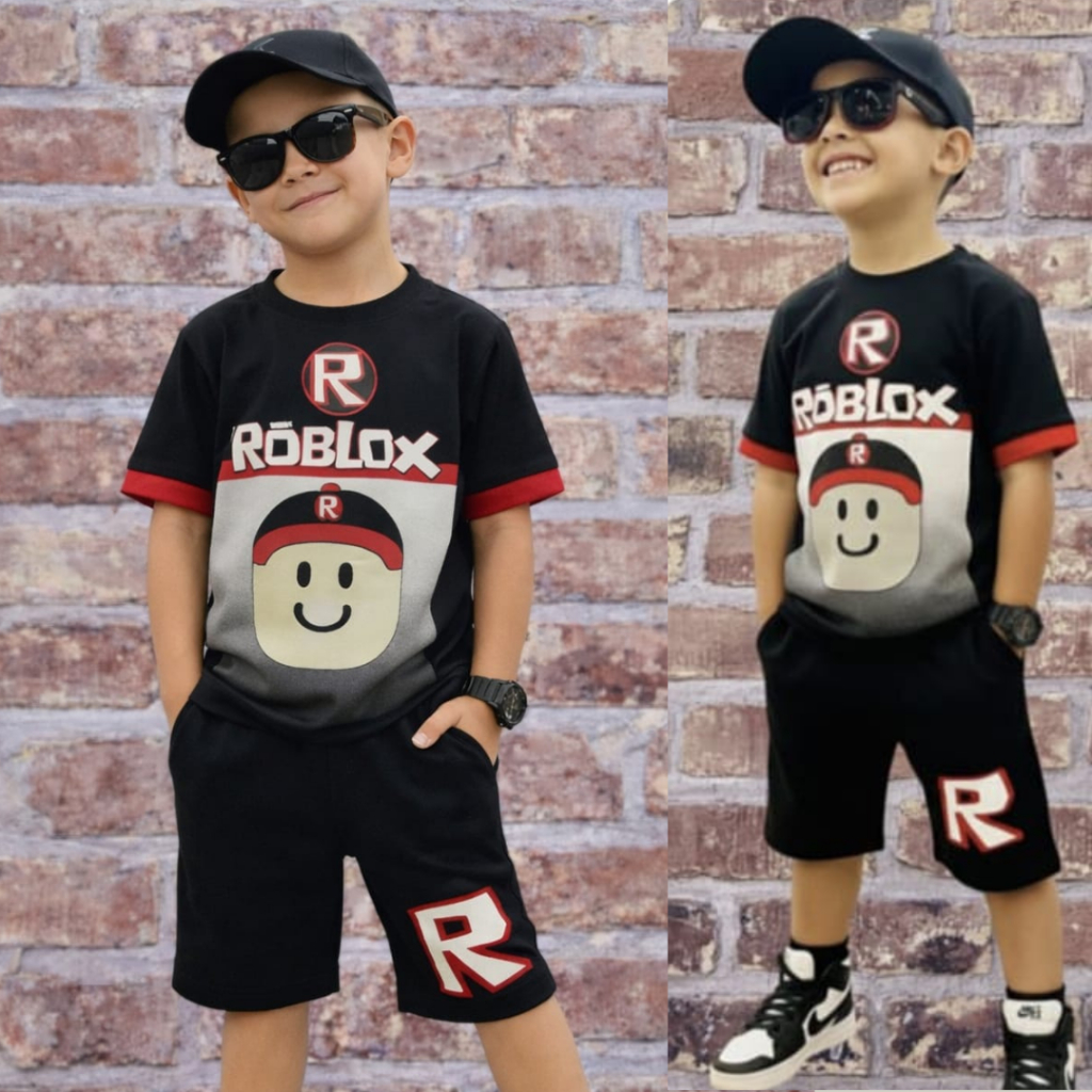 Conjunto Menino Infantil Juvenil Lançamento Bermuda de Moletinho + Blusa algodão Roblox  Fantasia