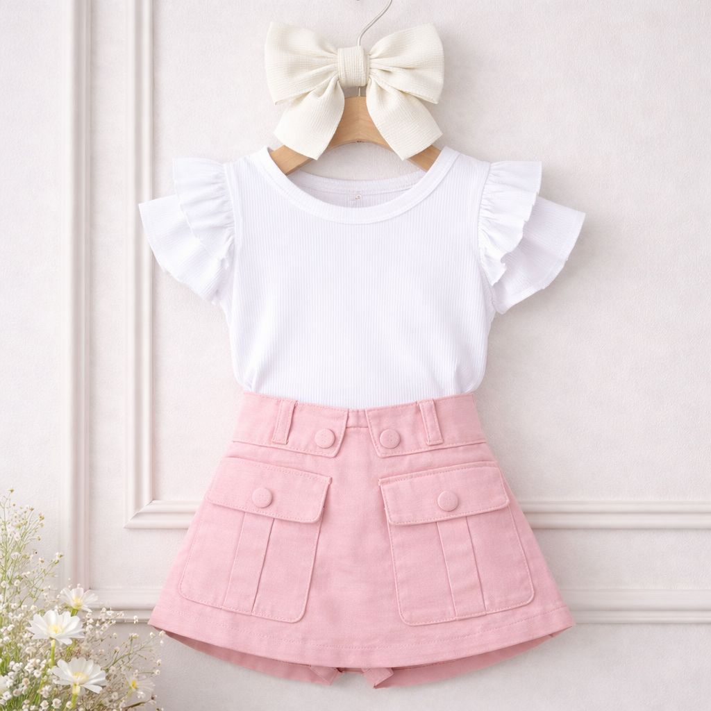 Conjunto Infantil Menina Verão Blusa Babado e Short Saia Confortável Estiloso Moda Blogueirinha