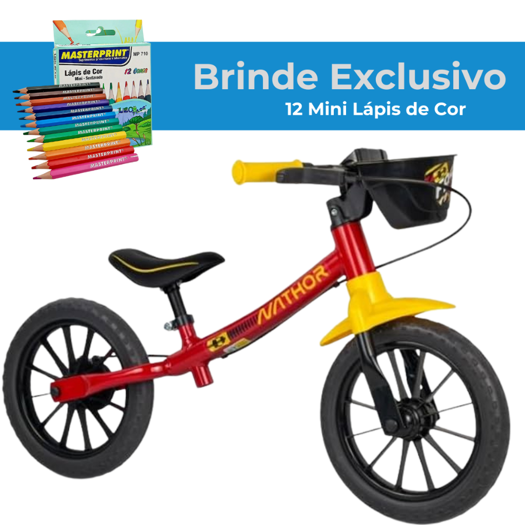 Bicicleta Infantil de Equilíbrio Nathor Balance Bike Aro 12 Fast 3 + Brinde Míni Lápis de Cor