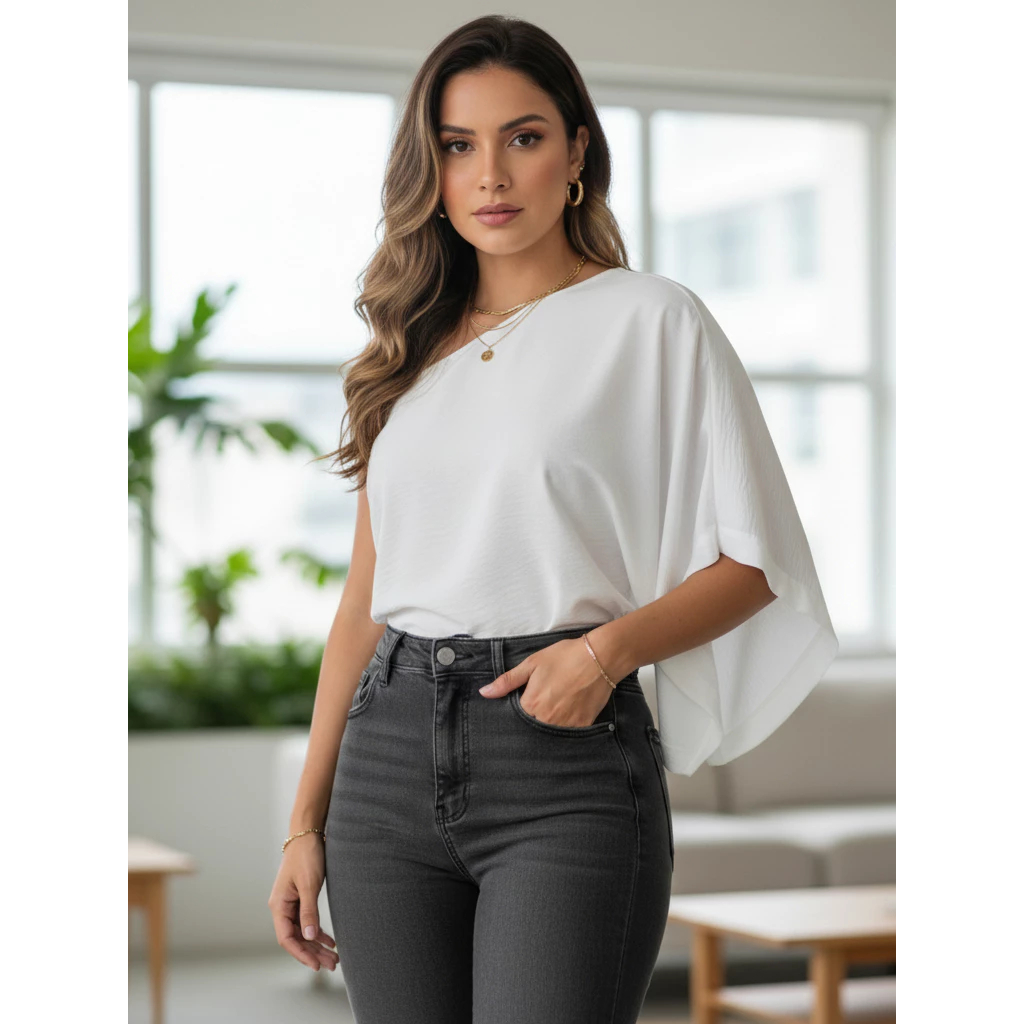Body Alfaiataria Um Ombro Só Mula Manca Manga Flare Crepe Duna Elegante Bori