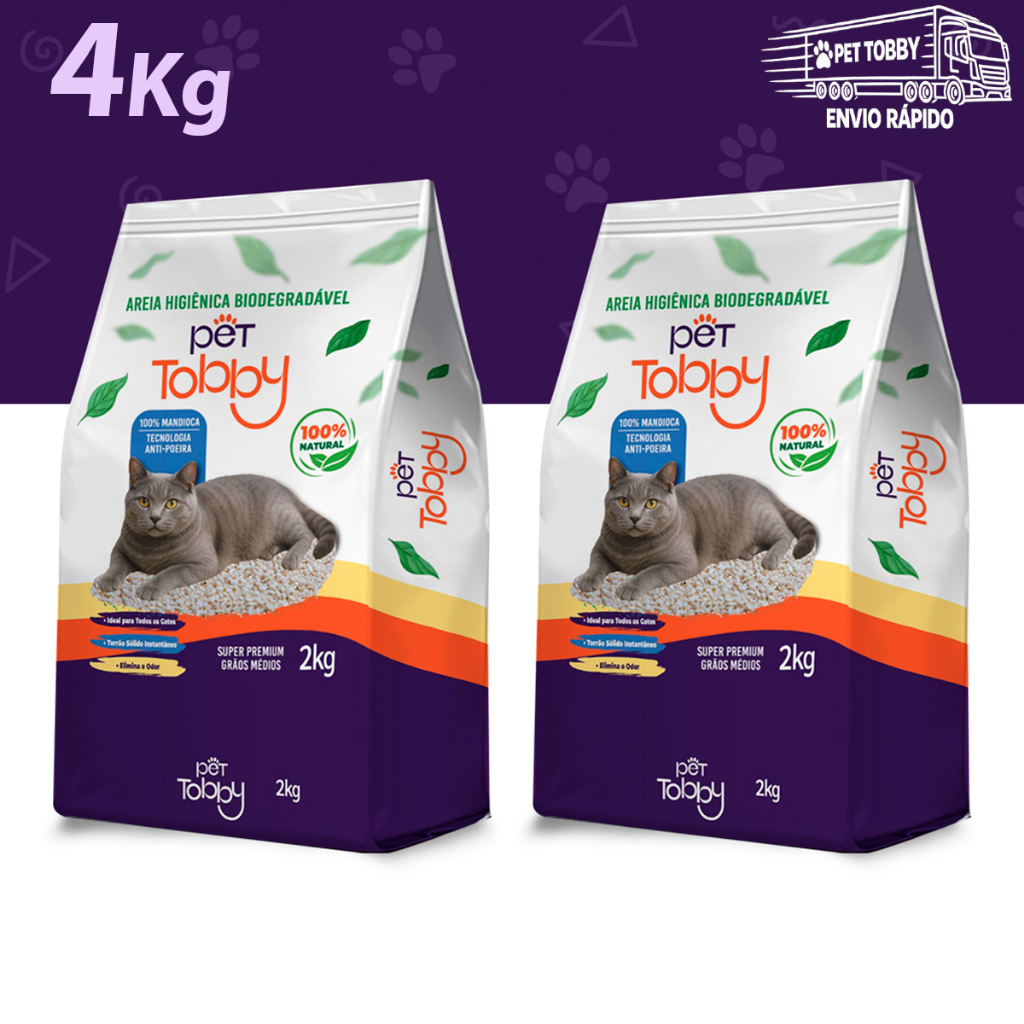 Areia Higiênica Para Gato de Mandioca 2kg e 4kg Pet Tobby Biodegradável Areia de Gato Sustentável