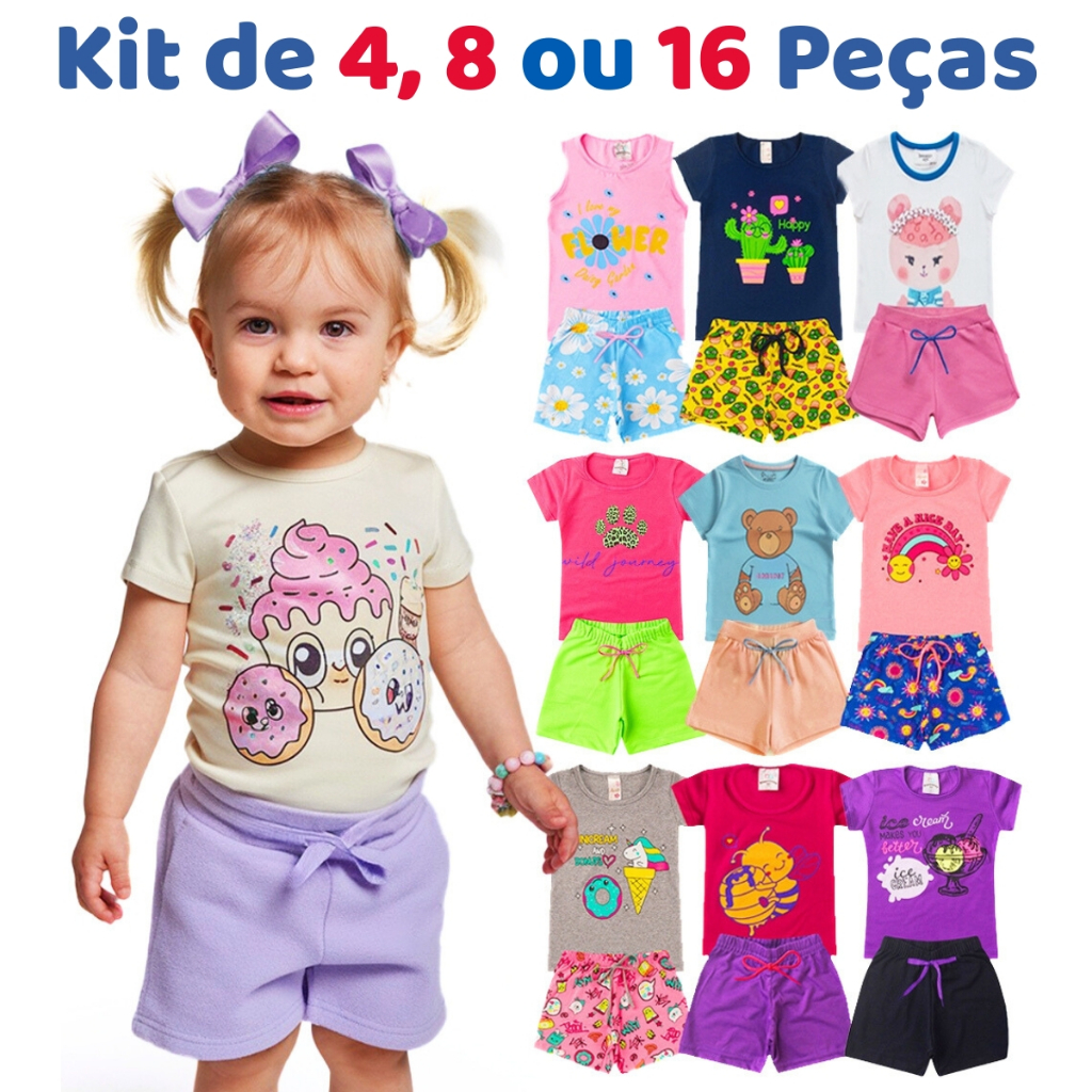 Kit de 8 ou 16 Peças Roupas Sortido Infantil Menina Verão Conjuntos de Roupa Criança Feminino