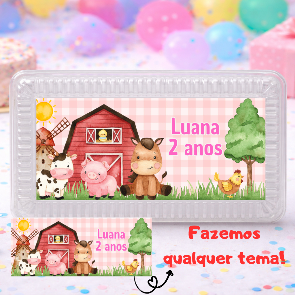 Rótulo Adesivo Marmitinha Personalizada Aniversário Adesivo Couchê 12,7x5cm Fazendinha menina