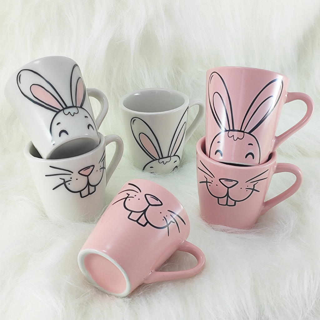 Jogo Kit 6 Xicaras Porcelana Cônica Tulipa 120ml Páscoa Sortidas rosto Coelho