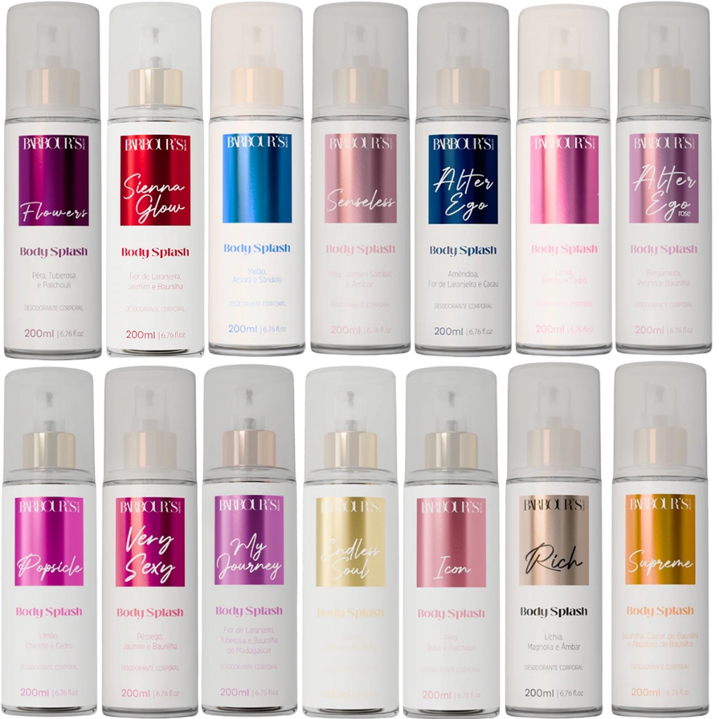 Body Splash Colônia Very Sexy alter ego Roses, La Vie Affair Flowers Delight Sienna Glow Árabe Barbour's  Escolha