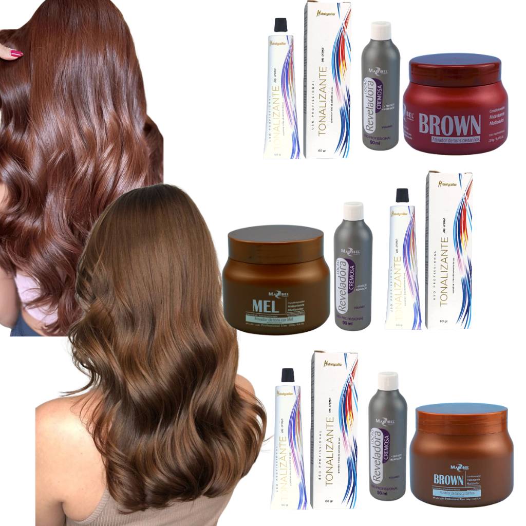 Kit Tonalizante Mairibel 4.0 Castanho Médio Sem Amônia + Ox 90ml + Matizador Brown/Mel