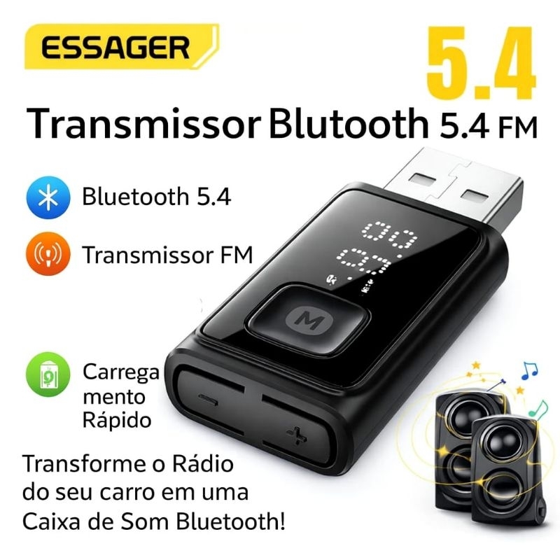 Adaptador FM Bluetooth Digital 5.4 para Carro Essager Transmissor FM Chamadas Viva-Voz Cancelamento de Ruído em Oferta na Shopee