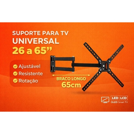 Suporte Tv Parede Braço Longo de 65cm Tri Articulado Com Inclinação Até 65" em Oferta na Shopee