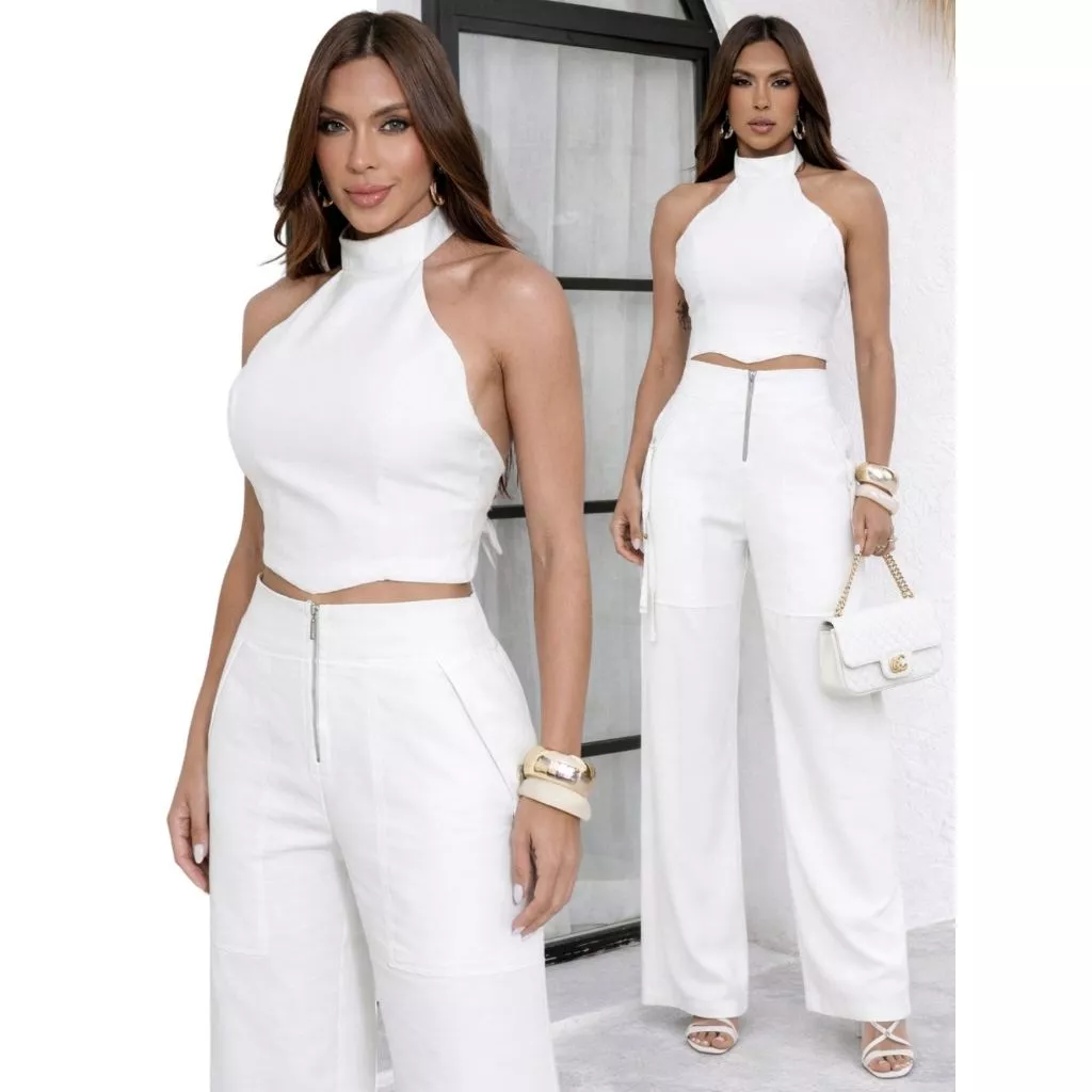 Conjunto Feminino Alfaiataria Cropped e Calça Pantalona Elegante