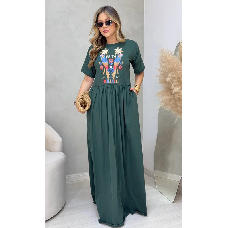 vestido longo feminino estilo camisetão verão 100% algodao com inspiraçao com  estampas tropicais veste 38 ao 46 confy