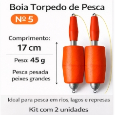 KIT 2 BOIAS MODELO TORPEDO PARA PESCA DO N° 1 AO 5° PARA PESCA DE PEIXES PEQUENOS MEDIOS E GRANDES