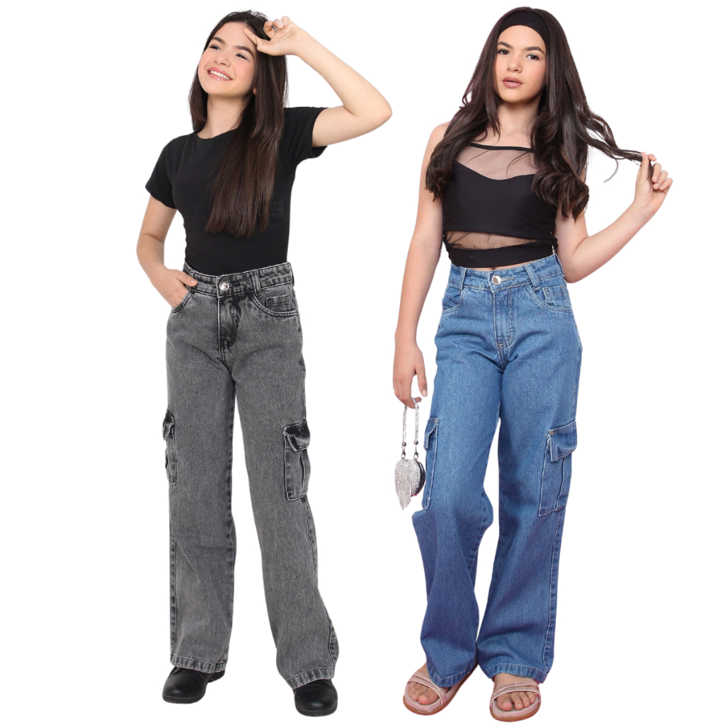 Combo 2 calça cargo feminina juvenil infantil wid leg pantalona