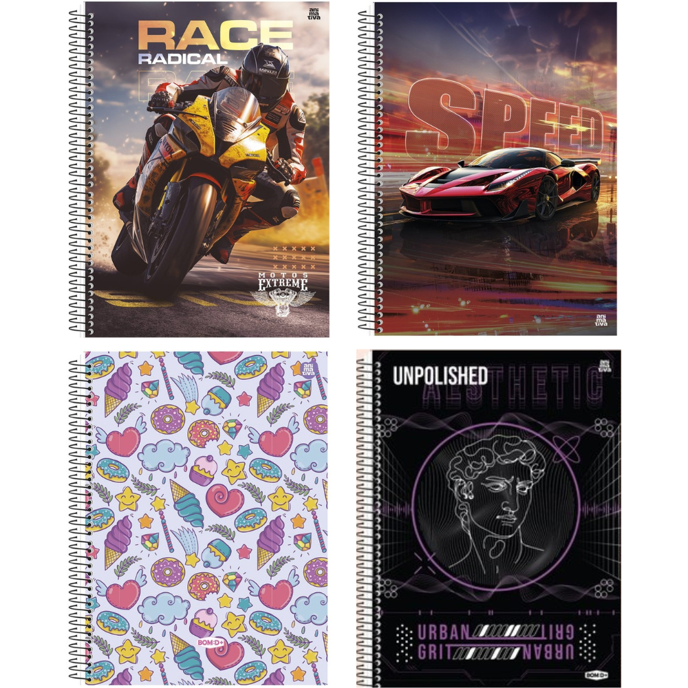 Kit Caderno 10 Materias Feminino Masculino 160 Folhas Espiral Capa Dura Carro Moto Volta a Aulas