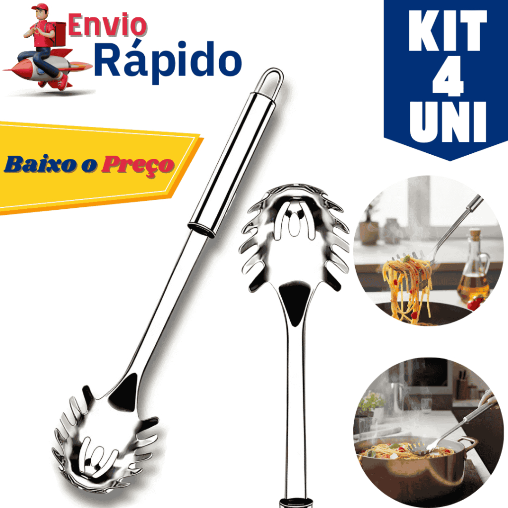 Kit 4 unidades Pegador De Macarrão Massa Inox Grande Utensilio De Cozinha 31,5cm