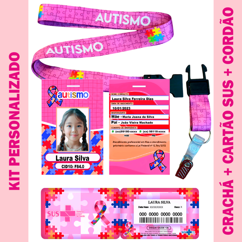 1 Unid Crachá Autista + Cordão Premium + Cartão Sus Tudo Personalizado - Kit Completo Rosa  (ENTREGA RÁPIDO) em Oferta na Shopee