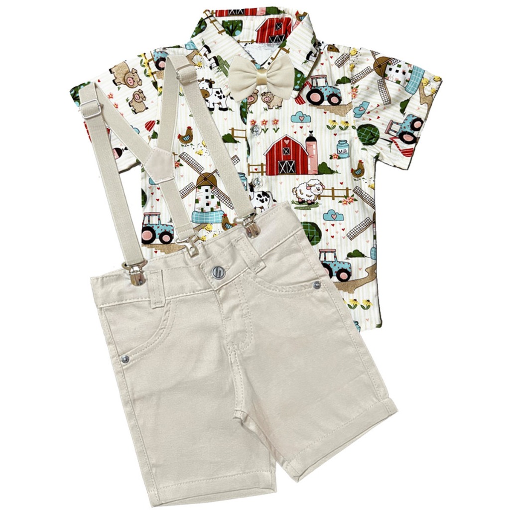 Conjunto Roupa Fazendinha Aniversário Social Bermuda Camisa Suspensório e Gravata Bege