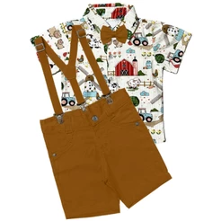 Conjunto Fazendinha Social Bermuda Camisa Suspensório e Gravata Caramelo