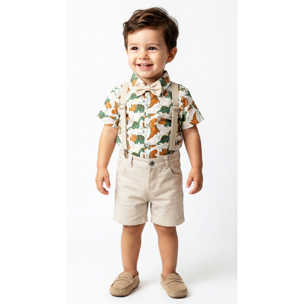 Conjunto Dinossauro Social Bermuda Camisa Suspensório e Gravata Festa Aniversário