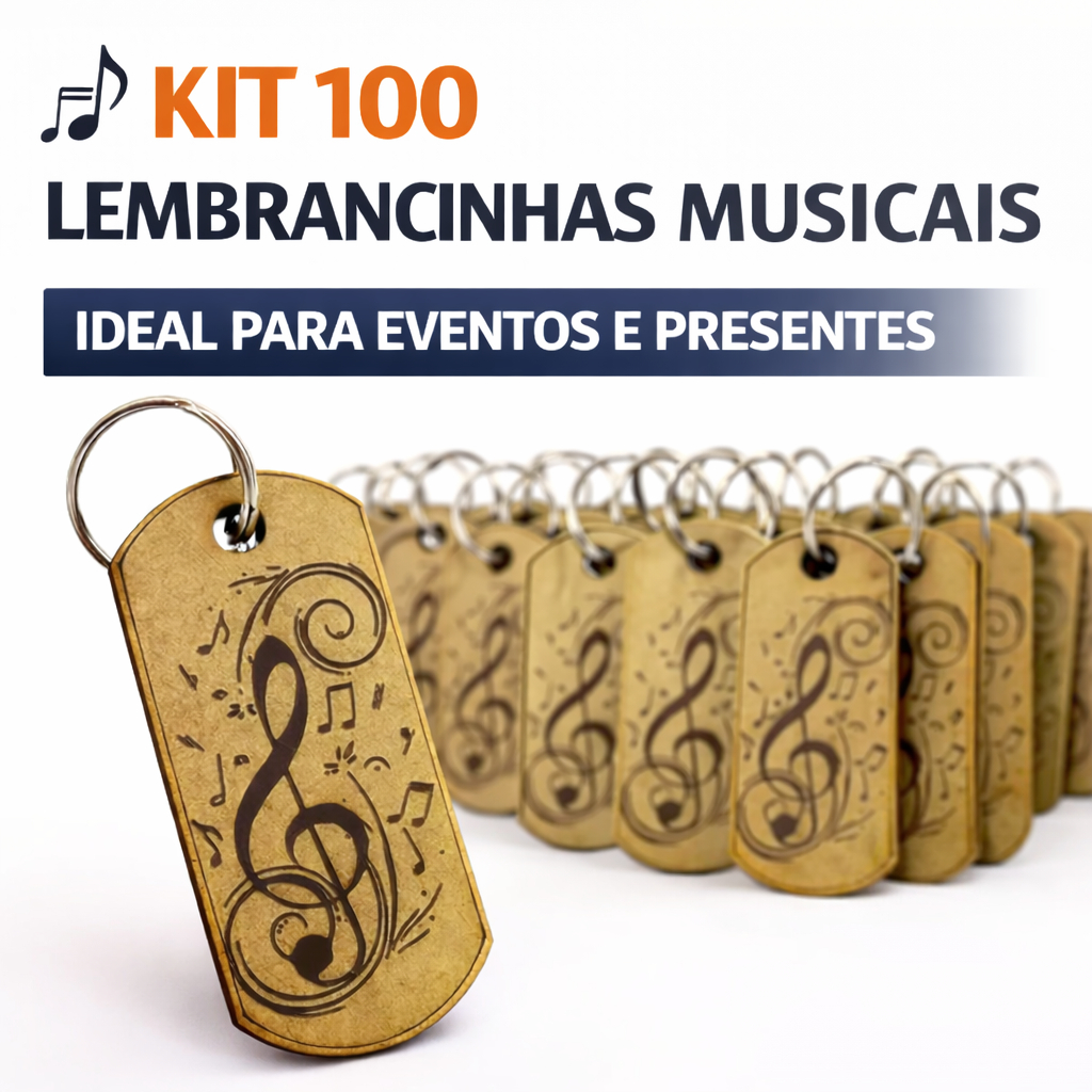 Kit 100 Chaveiros MDF 3mm Nota Musical Clave de Sol com Argola Lembrancinha Festas Eventos Música