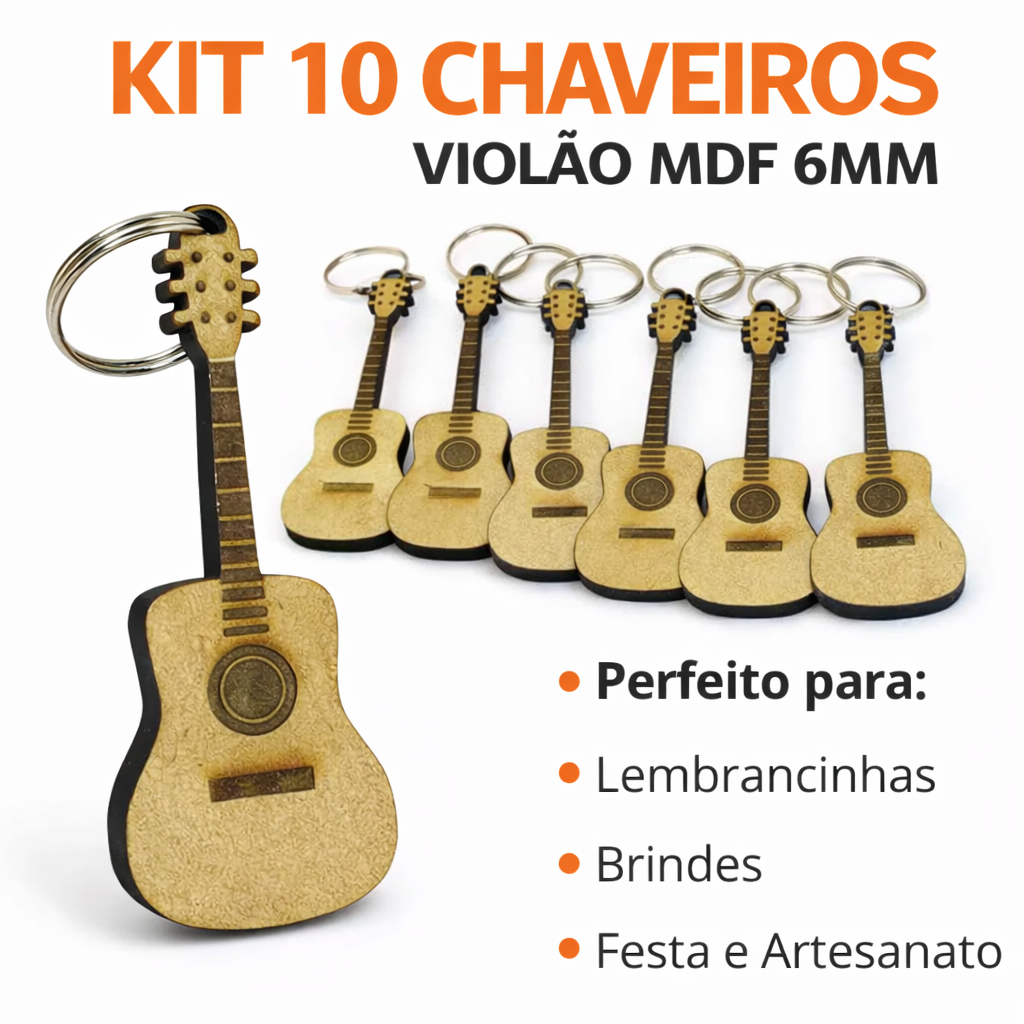Kit 10 Chaveiros Violão MDF 6mm Lembrancinha Festa Música Brinde Atacado Artesanato Decorativo Top