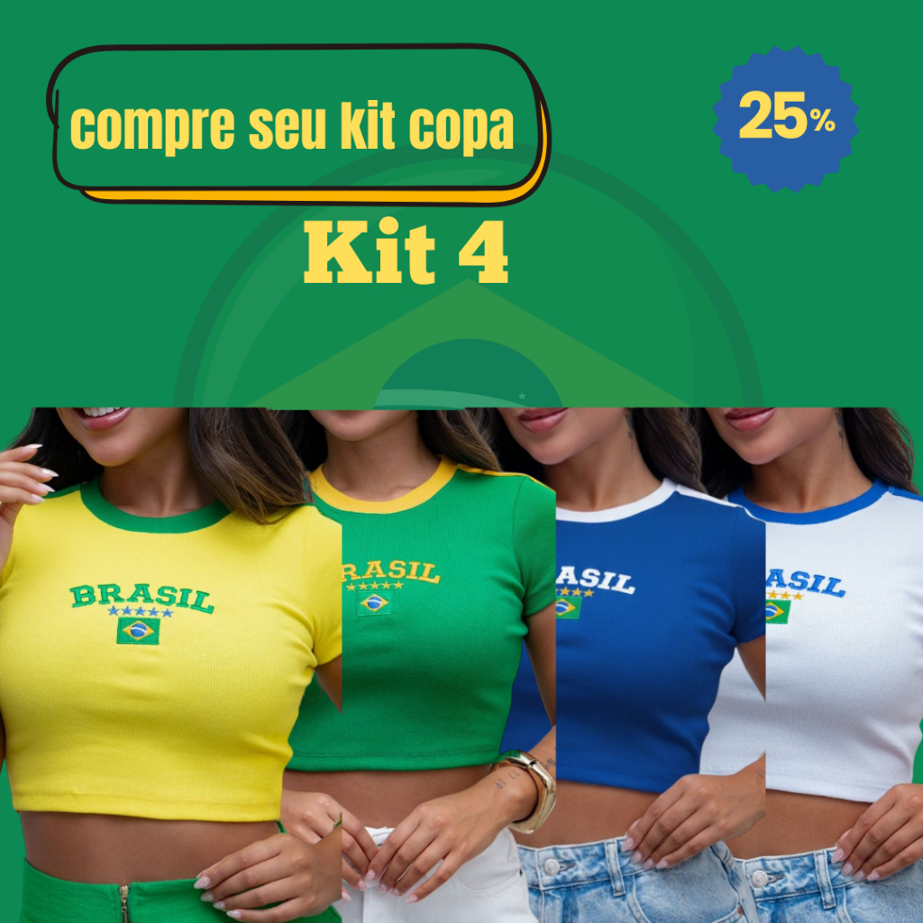 Kit 4 Blusas Brasil Feminina Baby Look Canelada Vibe  Brazilcore Copa Do Mundo Camiseta T-Shirt Atacado Cores Variadas
