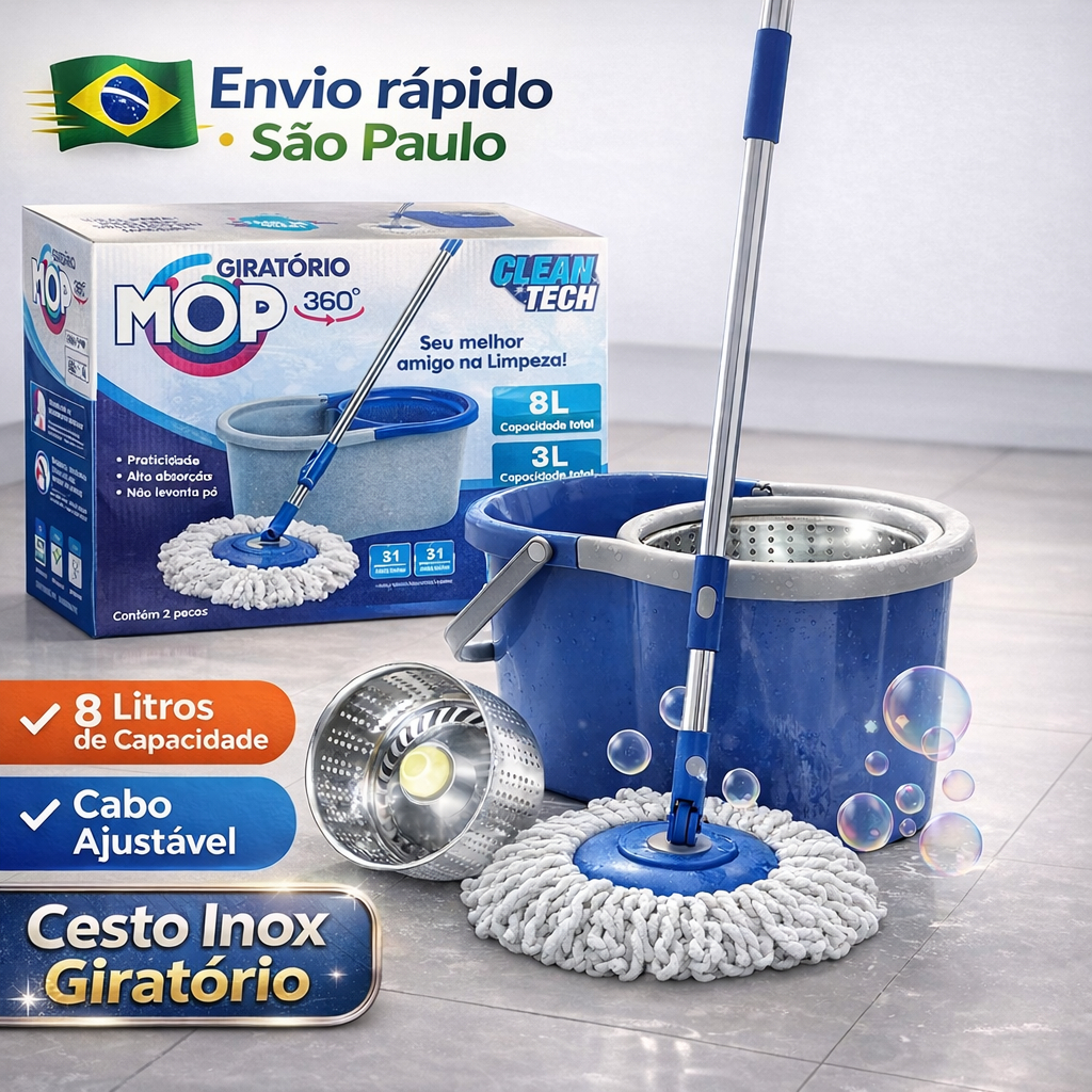 Mop Giratório Esfregão Rodo de Limpeza com Balde Inox Microfibra