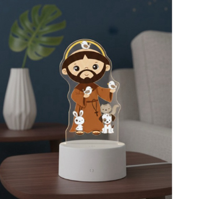 Luminária São Francisco Animais Abajur Infantil Religioso LED Decoração Católica Presente Batizado