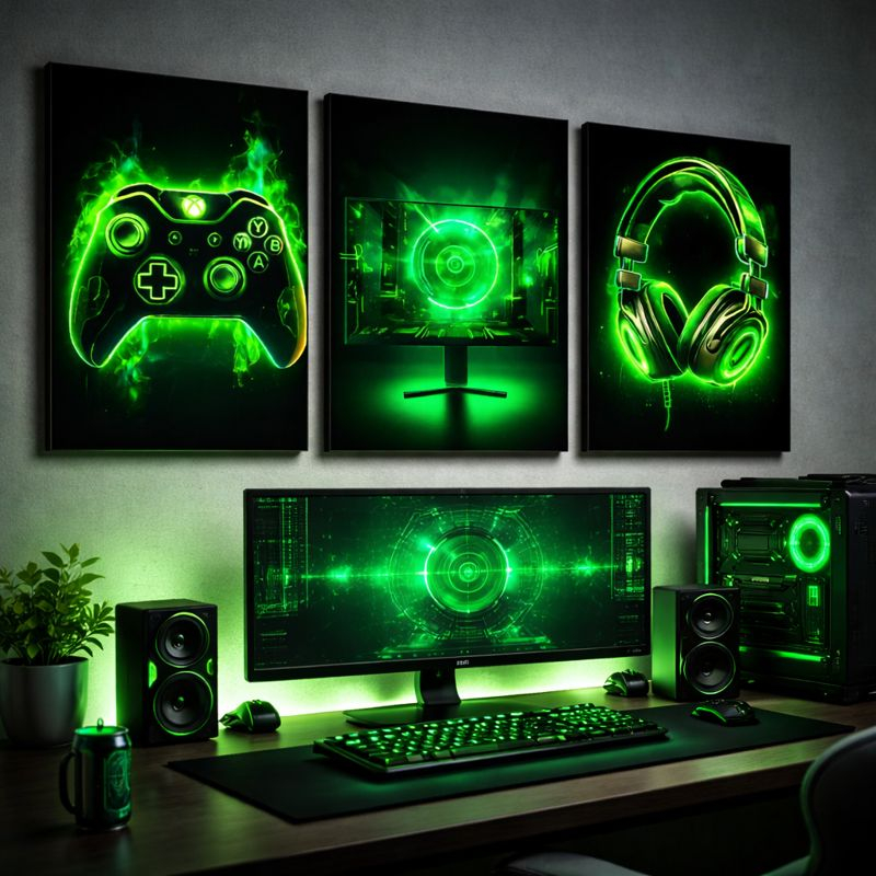 Kit Quadros 3 Peças Decorativos Moderno Gamer Controle Headset Monitor Luz Neon Verde Sala Quarto
