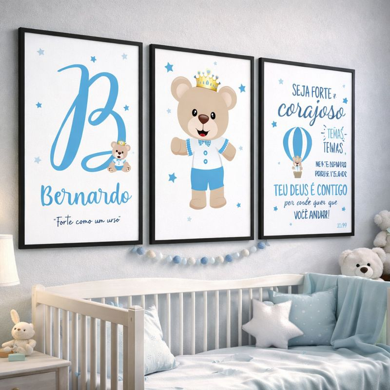 Kit 3 Quadros Decorativos Infantil Mosaico Tema Ursinho Príncipe Nome e Letra Personalizado Quarto em Oferta na Shopee