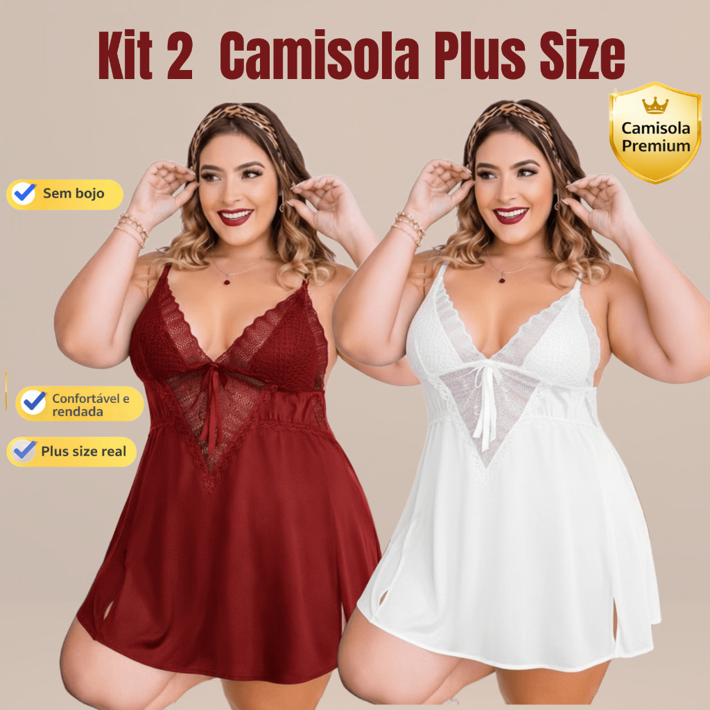 Kit 2 Camisola Plus Size Soraya Sexy Verão Rendada Sem Bojo Confortável Linha Noite Luxo em Oferta na Shopee